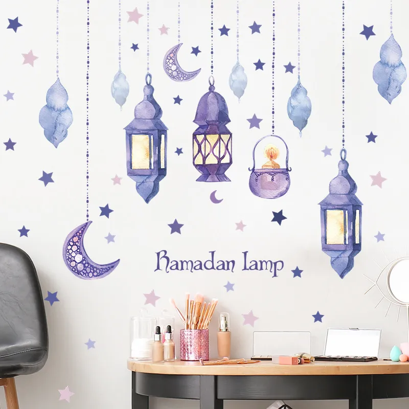 2022 Ramadan Window Adeign Eid Mubarak Decor Modello Lanterna Ramadan Kareem Adesivo da parete islamico Musulmul Mural Decals Decals Decals