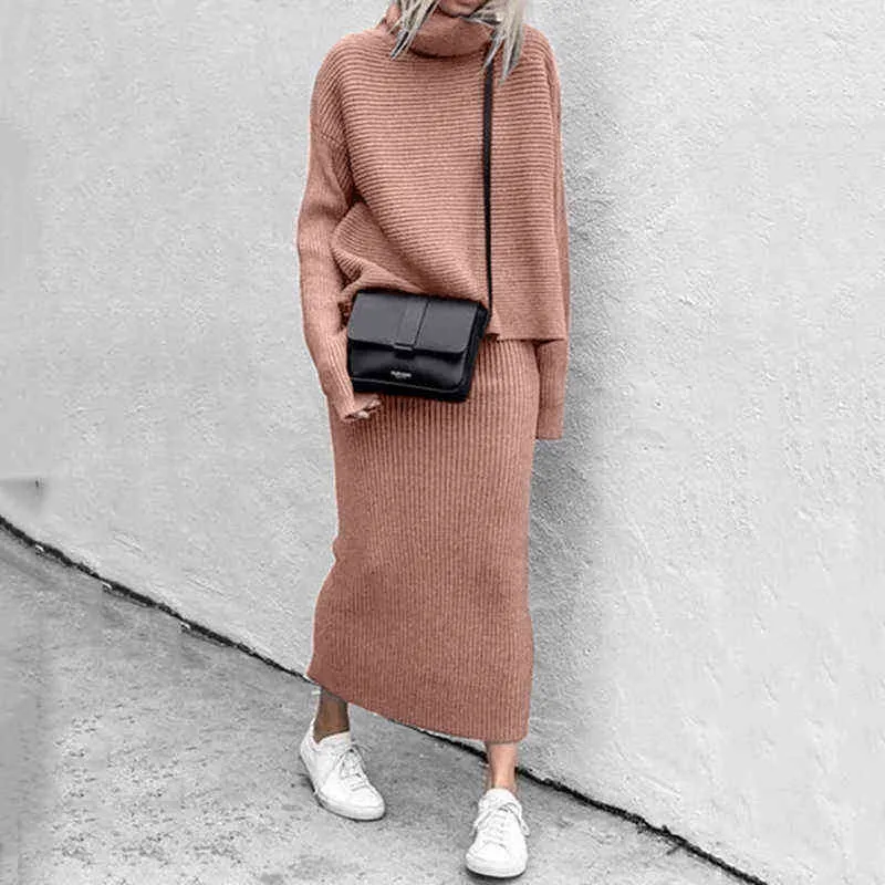 Autumn Winter Warm Long Knit Two Piece Skirt Set Women Turtleneck Sweaters Pullover and Knitted Shirts Suit Matching Sets 2021 T220729