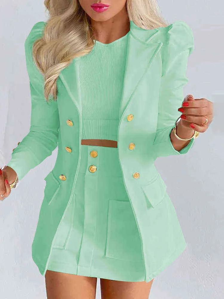Spring Autumn Elegant Solid Puff Long Sleeve Blazer Set Women Fashion Button Coat Tops And Skirt Suits Lady Casual Two Piece Set T220729