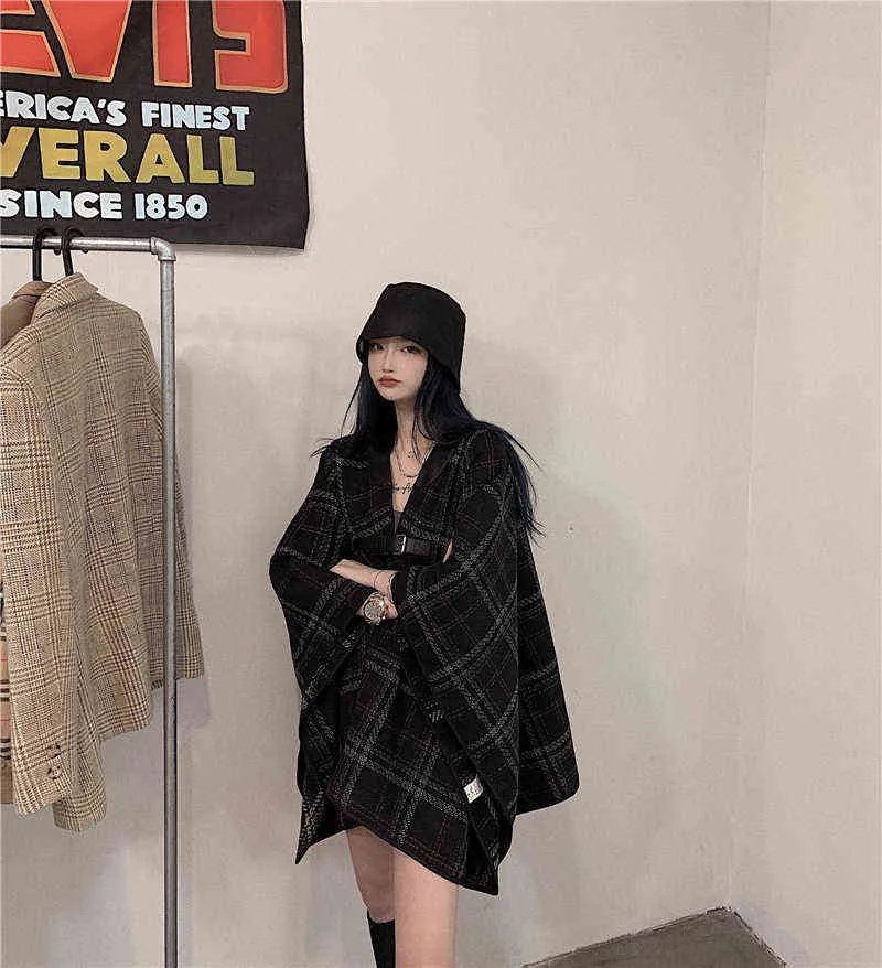 Flectit femmes Plaid Cape avec boucle laine chaude surdimensionné ouvert avant Poncho Cape manteaux 2021 tendances L220725