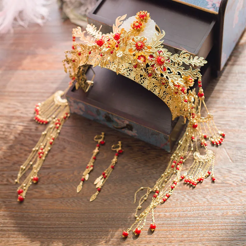 Forseven Bridal Bride Golden Headwear набор китайской феникс Тиара и короны короны украшения для волос свадебные украшения 220726