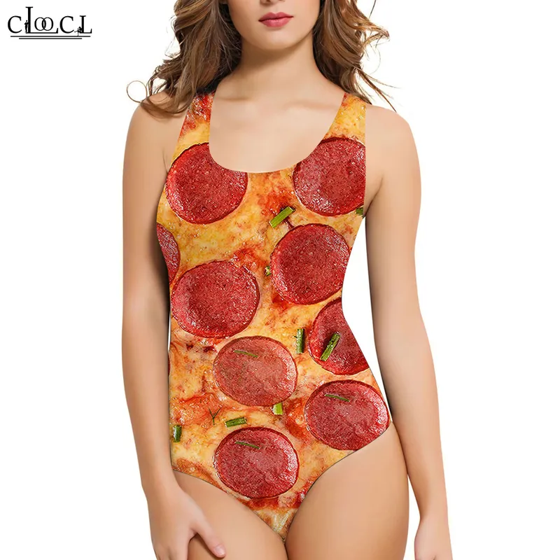 Moda senhoras sem mangas maiô gourmet pizza 3d onepiece banho casual verão feminino maiô gota w220616