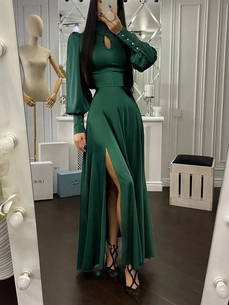 Kvinnor V-ringning Lace-up Long Party Dress Spring Autumn Solid Full Sleeve Split Ladies Dresses Elegant Streetwear Drop 220317