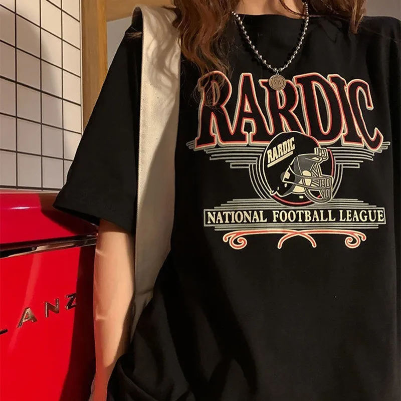 ヴィンテージ特大の半袖シャツ女性サマーoネックプリント服Tシャツトップハラジュク90年代美学Tシャツ220526