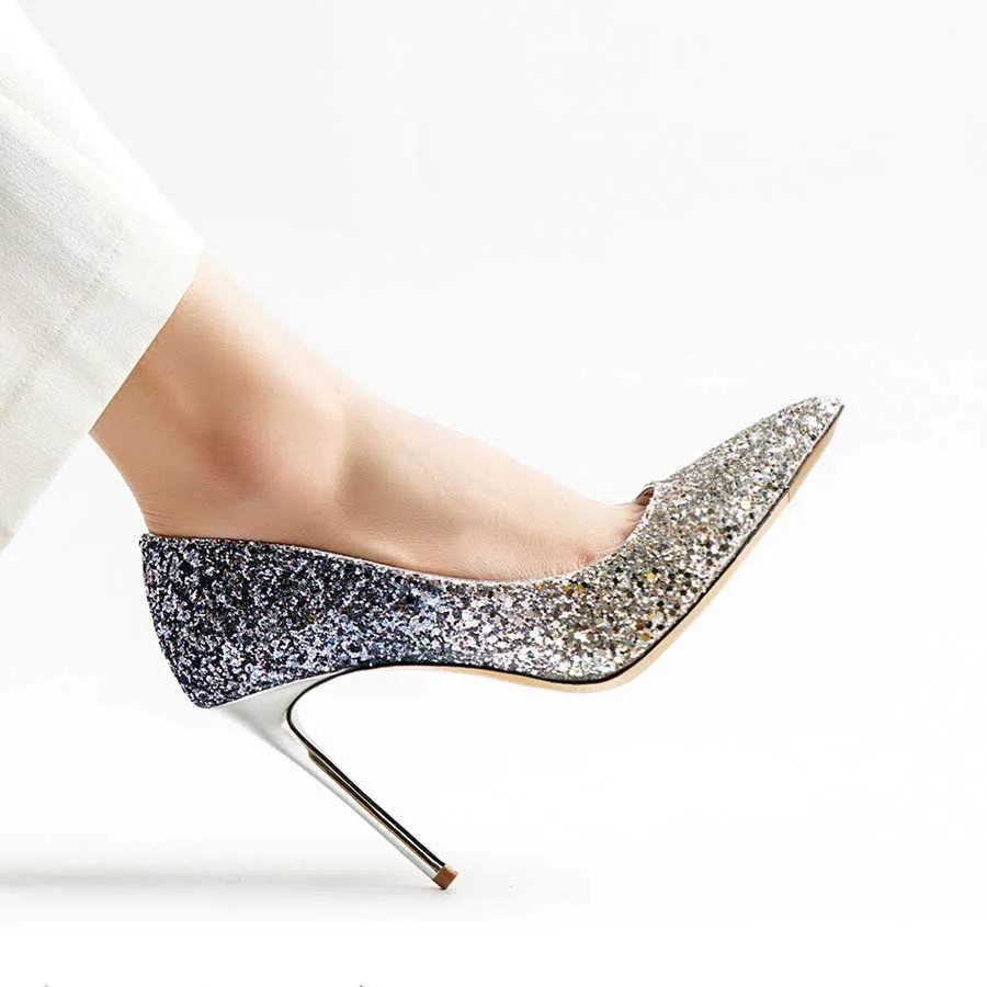 Klassieke luxe designer wruchee party zomer vrouw hoge hakken dunne hakken schoenen 10cm glitter zilver