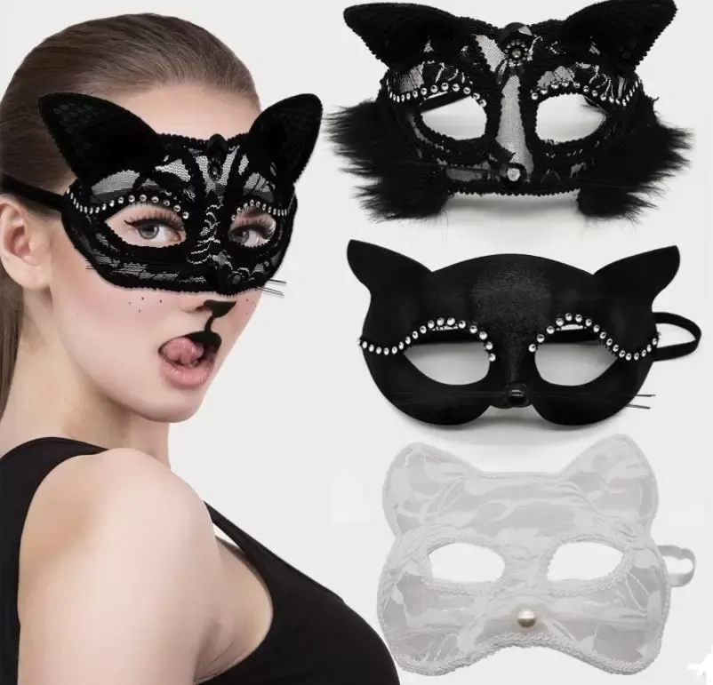 Kedi Masquerade Dantel Maske Partisi Seksi Kadınlar Venedik Yarım Yüz Top Kristal Gatto Eyemasks Noel Cadılar Bayramı Cosplay Kostüm Proplar Siyah Beyaz