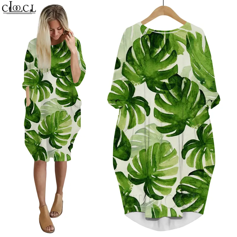 Kobiety sukienki Piękne hawajskie rośliny 3D Graphic Loose Córka spódnica z długim rękawem kieszeń żeńskie sukienki W220616