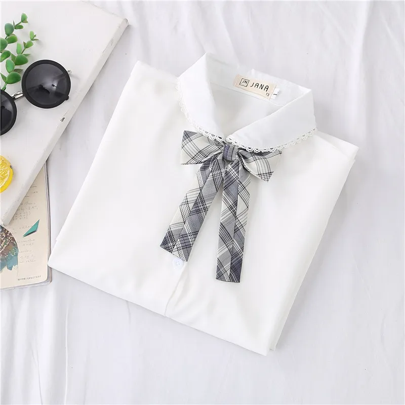 Kobiety bluzki z długim rękawem koronkowe kołnierzyki białe koszule z łuk/krawat słodki styl japońskiego blusa blachy solidne eleganckie #HH38 220513