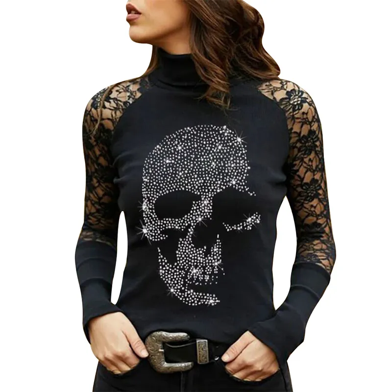 Czaszka drukowana koronkowe kwiatowe damki Tshirt Autumn Drilling Gothic Women Bluzki T-shirt T-shirt Długie rękawy Seksowne biznes ol topy 220525