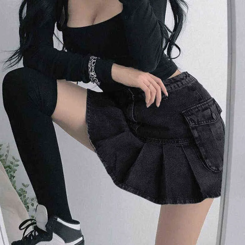 Houzhou punkowy czarny jeansowy mini spódnica plisowana kobiety seksowne grunge wysoko w paski kieszonkowe patchwork a-line dżinsowa spódnica e girl streetwear t220819