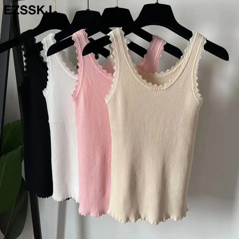 chic basic U-NECK tank top Summer white knit Women lace sexy sleeveless t-shirt vintage casual crop tanks 220325