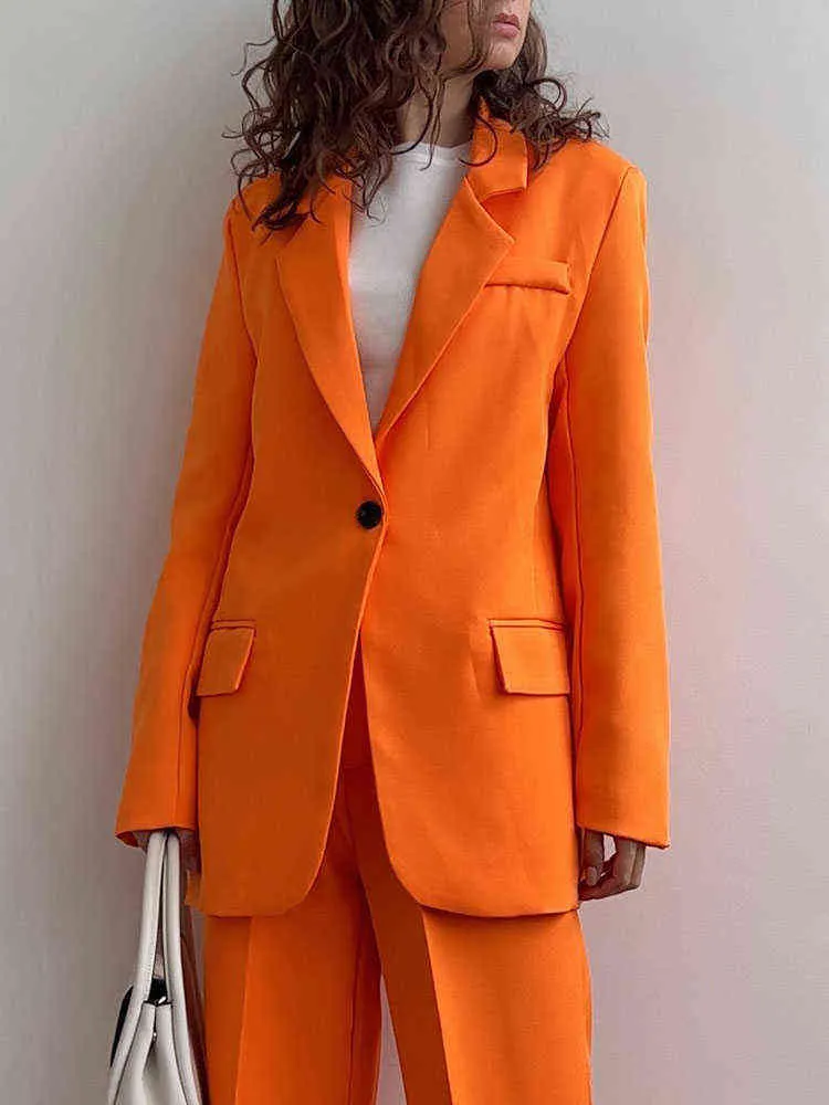 2022 春のファッションの女性オレンジロングスーツピースセット 1 ボタンジャケットレディースカジュアルオフィスブレザーストレートパンツ L220714