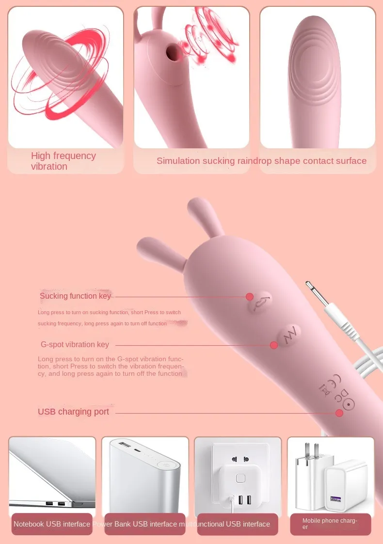 Suceur vibration multifonctionnel femelle masturbation produit adulte charge masseur lapin avide de bouton de bâton Soft g.