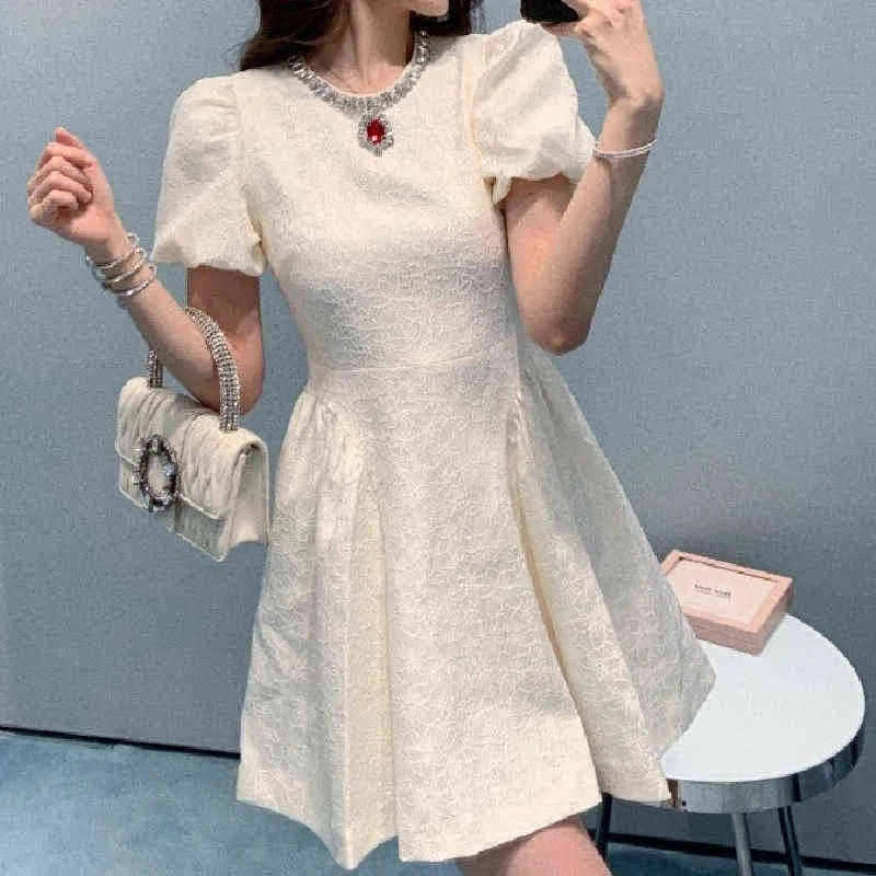 autumn new style bubble sleeve heavy industry diamond inlaid dress embroidery jacquard light luxury skirt