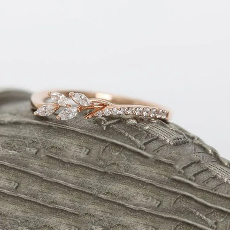 Leaf Crystal Engagement Rings Women's Eternity Wedding Band Ring For Female Rose Gold Jewelry Gifts