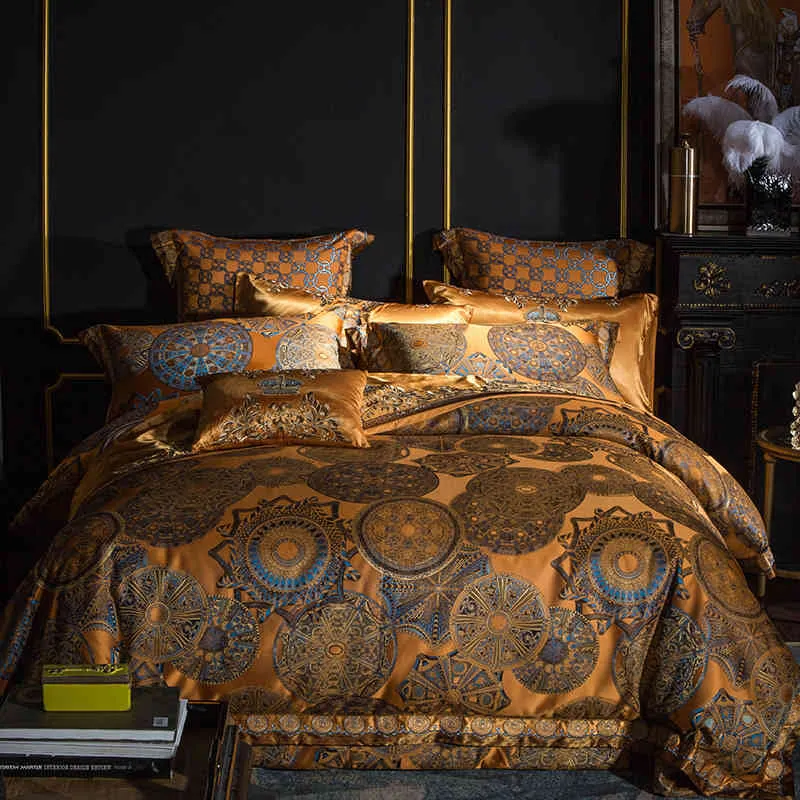 豪華なゴールデンシルバーサテン綿の寝具セット104x90in特大米国クイーンキングドーナ羽毛布団カバーベッドシートベッドスプレッド枕カバー