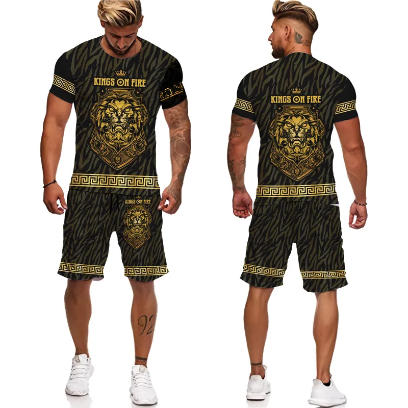 Summer Golden Lion 3D TEE TEE SZOŚCI SUPI MĘŻCZYZN SAWNY TAKI GRAFICZNY DWY KOŃCOWY Zestaw Hip Hop Fashion Short Sleeve 220719