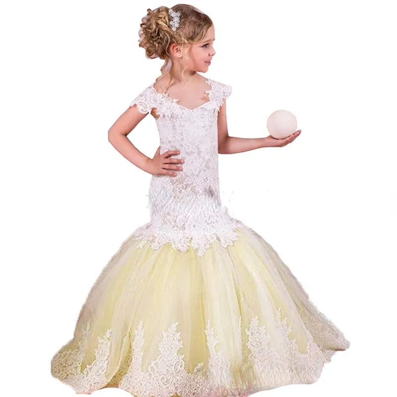 2122 spets sjöjungfrun blomma flicka klänningar för bröllop spaghetti spets blommor applikationer tiered kjolar flickor pageant klänning barn födelsedag 254w