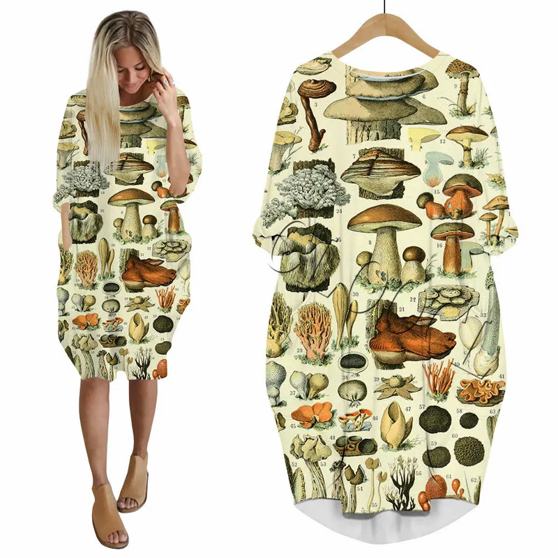 Vestido vintage de cogumelo vegetal com estampa 3D, vestido casual feminino com bolso, roupa de festa de manga comprida, vestido feminino W220617