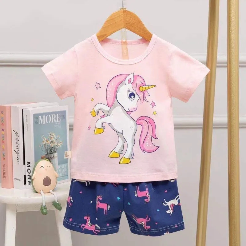 Sommer Niedlichen Cartoon Pyjamas Anzug Einhorn Schlafen Kleidung Für Kinder Kurzarm Pyjama Set Dinosaurier Kostüm Für Junge Casual Wear 220706