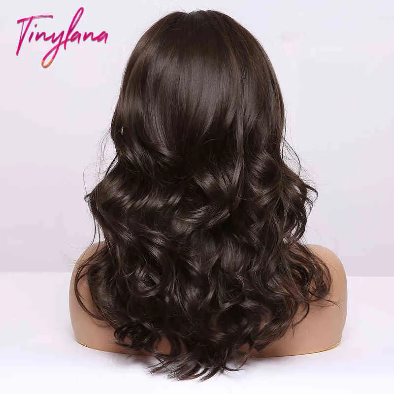 TINY LANA Natural Wavy Medium Synthetic Hair Wigs with Bangs Ombre Brown Wavy Wigs for Black Women Cosplay Heat Resistant Fiber