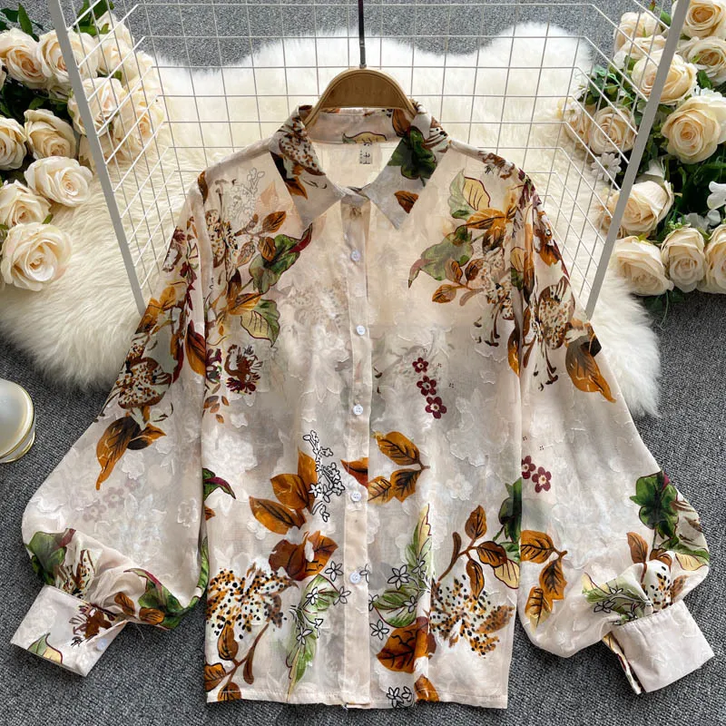 Spring Autumn Temperament Fashion Retro Chiffon Floral Blouses Print Loose Lapel Puff Sleeve Top GD611 Button Up Shirt Female 220407