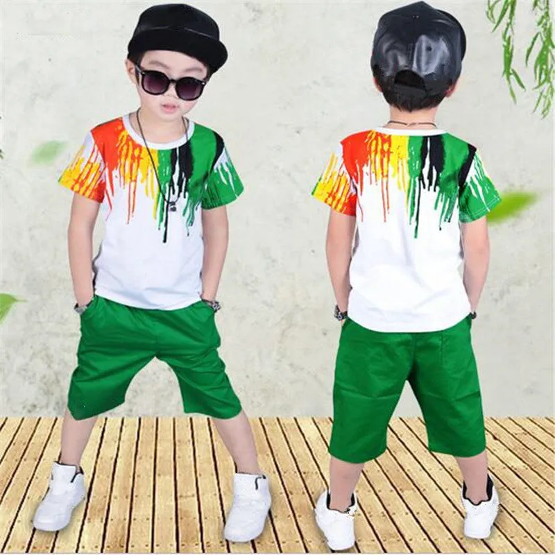 Conjunto de ropa para niños de verano Casual Hip-hop Stripe Camiseta colorida + Pantalones 2 piezas Traje Kindergarten Performance Ropa para niños 220507