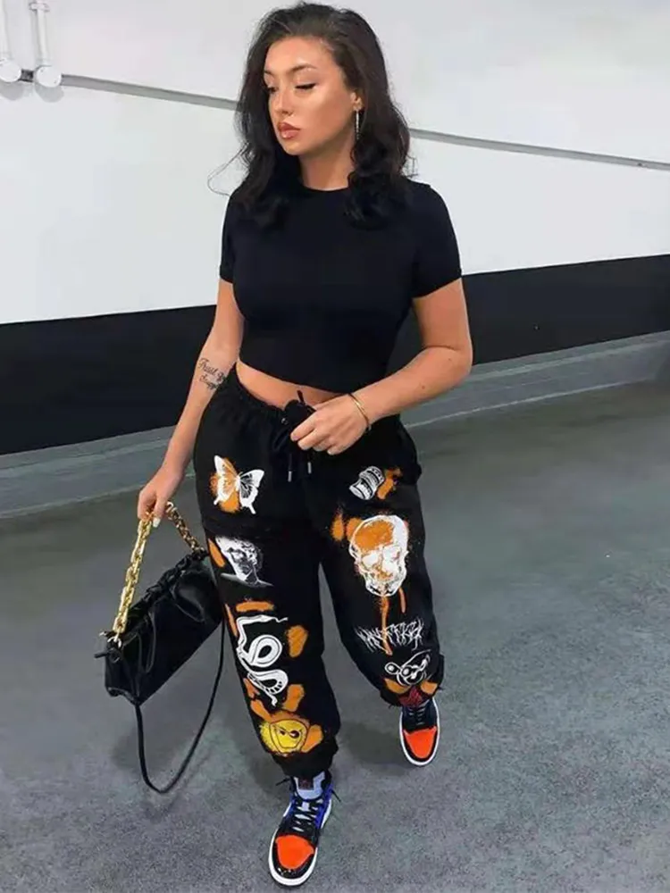 Insta Femmes Sweat Pantalon Harajuku Dessin animé Pantalon imprimé Jogger Cordon Cargo Pantalon Streetwear Casual Pantalon de survêtement Automne 220815