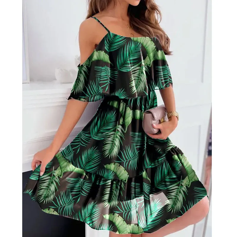 Floral Gedrukt Boho Beach Chiffon Jurk Vrouwelijke Backless Sexy Women Summer gegolfd Off Shoulder Casual Elegant Mini Dresses 220517