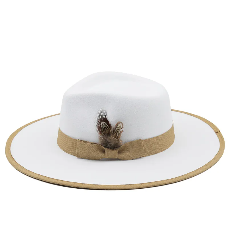Chapéu fascinator de penas fedoras branco outono para mulheres moda aba plana senhora igreja chapéus festa feltro jazz boné chapeu feminino2047
