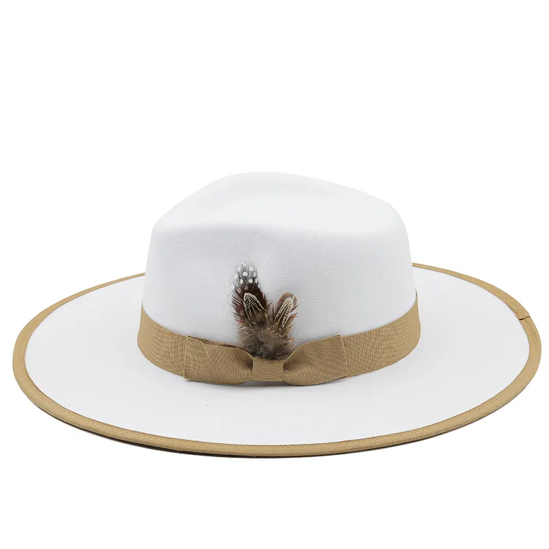 Chapeau fascinateur d'automne blanc Fedoras en plumes pour femmes, chapeaux d'église à bord plat à la mode, casquette de Jazz feutrée de fête, Chapeu Feminino266G