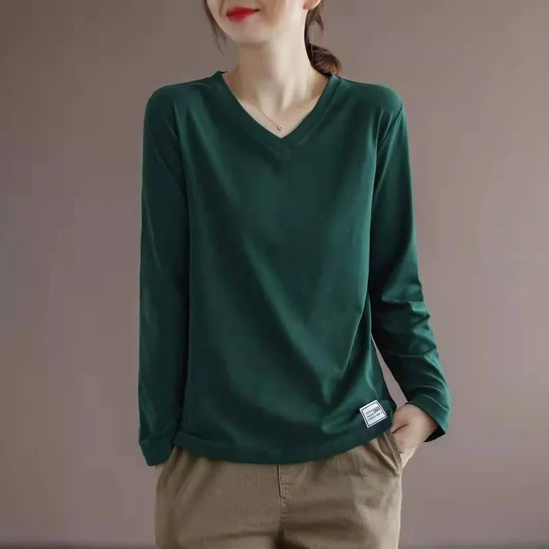 Осень 100% хлопок футболка женщина с длинным рукавом корейский стиль негабаритная футболка свободных плюс размер женщин S 220328