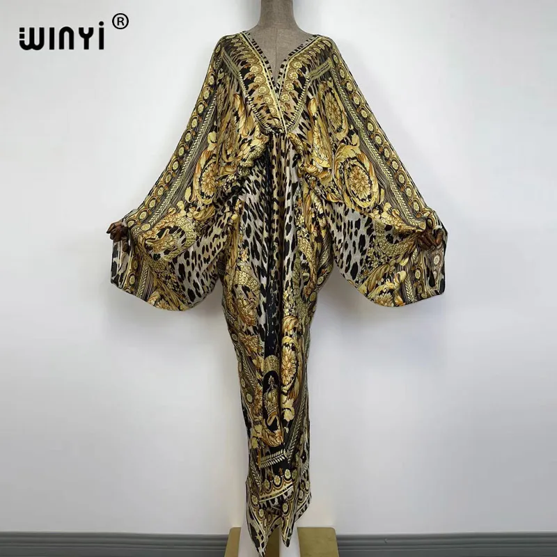 Sexig Bech Högkvalitativ hand-rullad Feel Silk Rayon Fashion Print Winyi Maxi Women's Robes Long Beach V-Hals Bohemian Dress 220531