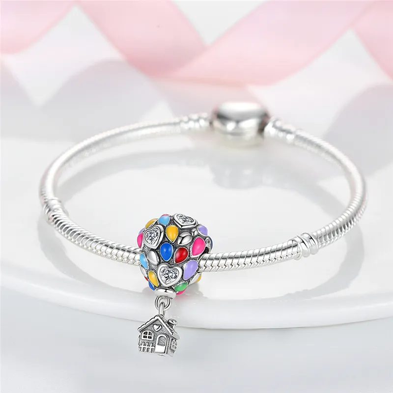 925 Sterling Silver Pingente Charms para Pandora Caixa Original Série de balões de ar quente colorida Série de balões europeus Charmos de bracelete Jóias de colar