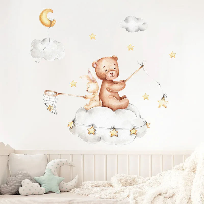 Cute Cartoon Bear Bunny Star Moon Wall Stickers for Kids Rooms Baby Room Wall Decor Wallpaper Girls Boys Bedroom Nursery Sticker 220727