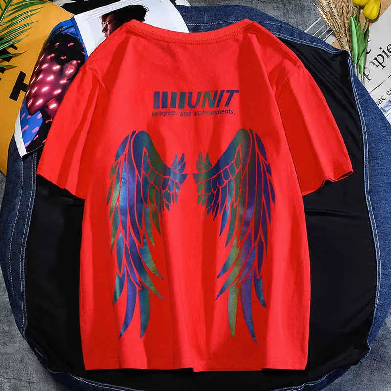 2022 New Bf Wind Laser Reflective Big Wings Printing Loose Trend T-shirt Pure Cotton Men's and Women's Casual Short Sleeve Summer Shirt