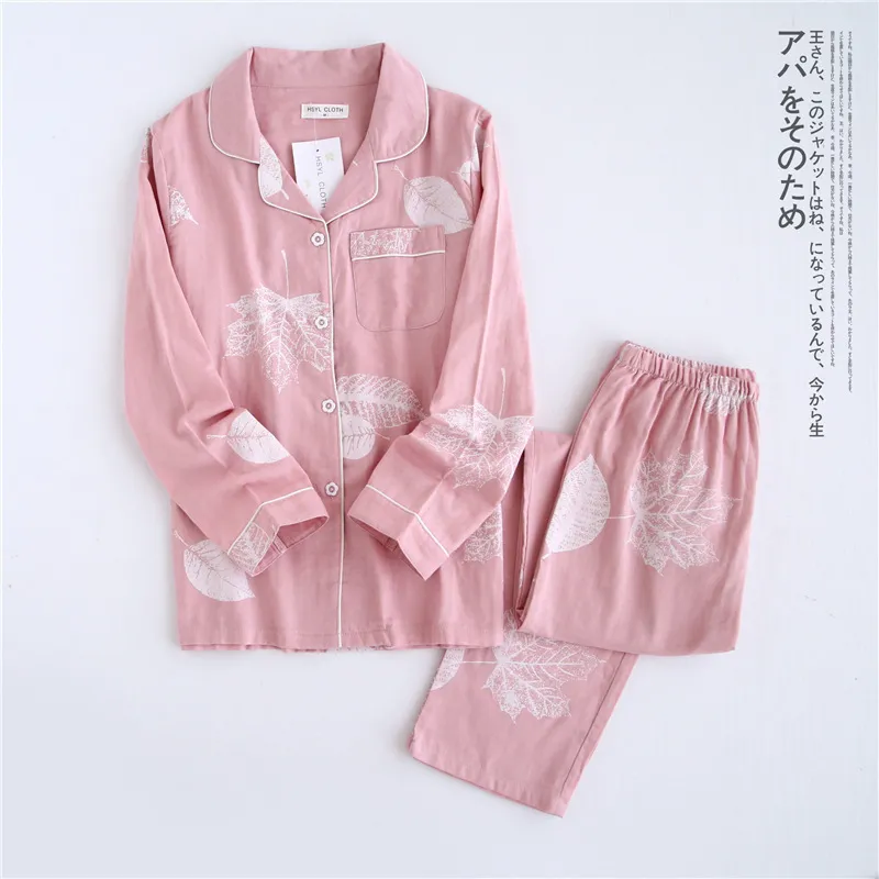 kimono femme maple leaf pajama set 100% gauze cotton long sleeve casual sleepwear women pyjamas autumn 220421