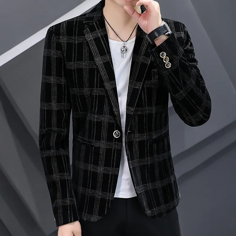 Moda Sonbahar Yakışıklı Adam Siyah Baskılı Kadife Erkek Gençlik İnce Küçük Resmi Elbise Tek Takım Elbise Ceket Erkek 220520