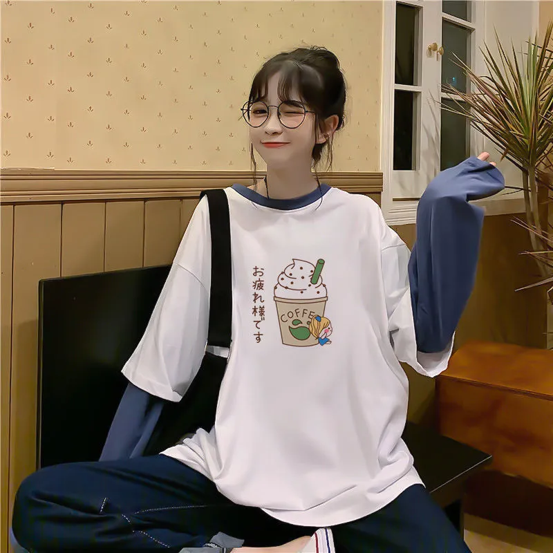 Gefälschte zweiteilige T-Shirt Frauen Herbst Harajuku Stil Ins Student wild süß und locker koreanische langärmelige Kawaii weibliche T-Shirt 220408