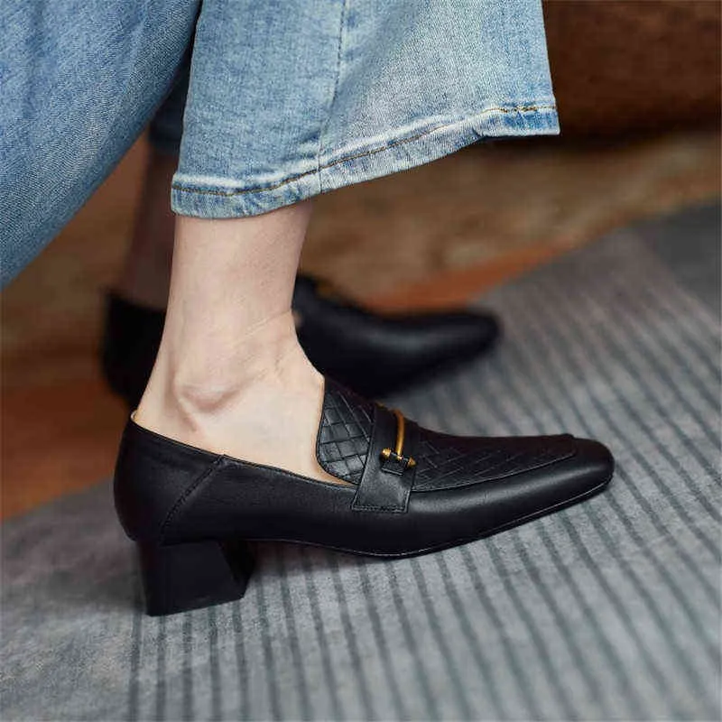 Dames kleding schoenen vrouwen schoenen modus echt leer loafers slip-on lente/herfst platte vierkante tiener dikke hak handgemaakte maat 34-40 220607