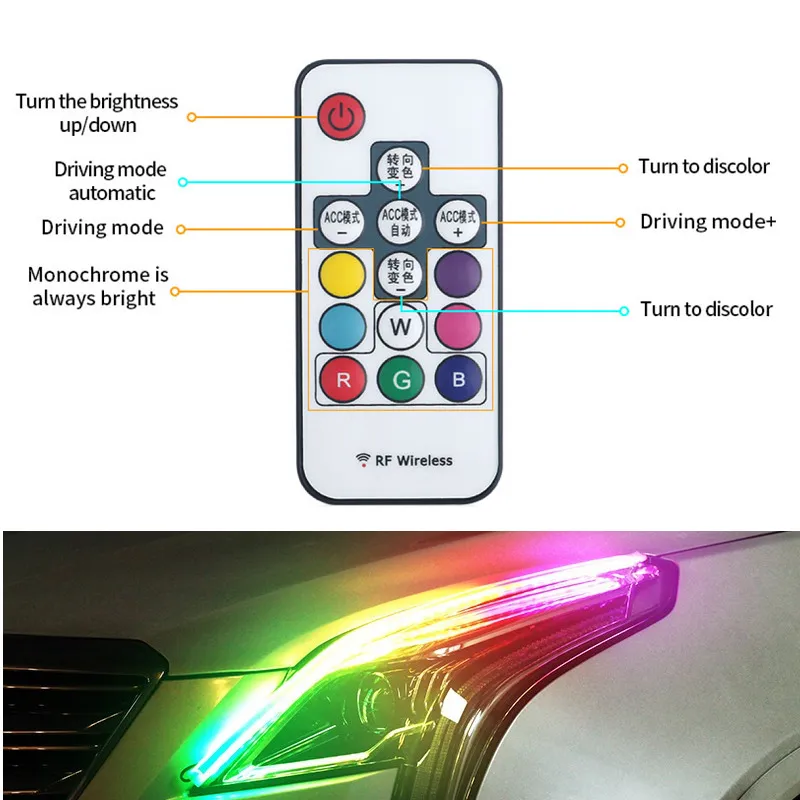 새로운 범용 유연성 흐름 흐르는 RGB 주간 달리기 조명 DRL 멀티 컬러 LED 스트립 회전 신호 조명 헤드 라이트