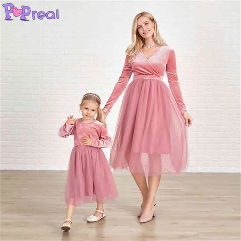 PopReal Herbst Winter Mutter Und Tochter Kleid Mode V-ausschnitt Mesh Nähte Rosa Kleid Familie Passenden Kleidung Mutter Kinder