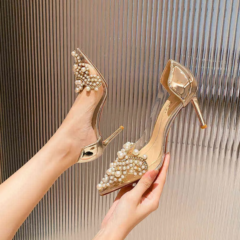 Primavera puntiagudo stiletto sexy charol perla transparente zapatos de boda nupciales franceses vestido de banquete zapatos de mujer de gran tamaño G220520
