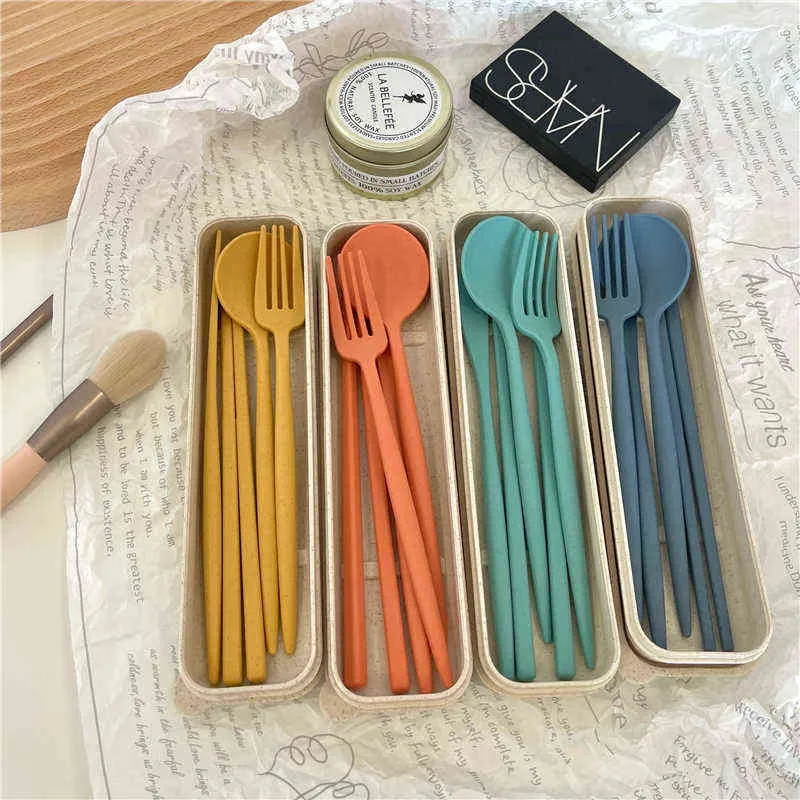 Portable Reusable Spoon Fork Travel Picnic Chopsticks Wheat Straw Tableware Cutlery Set With Carrying Box For dent Office Y220530