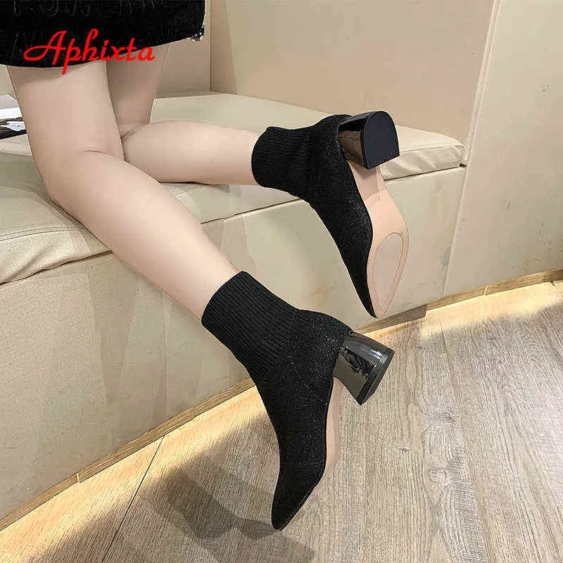 Aphixta 2022 New Bling Women Sock Boots Saltos Quadrados de Taço de Moda de Moda de Moda Curto Boots Footwears Y220729