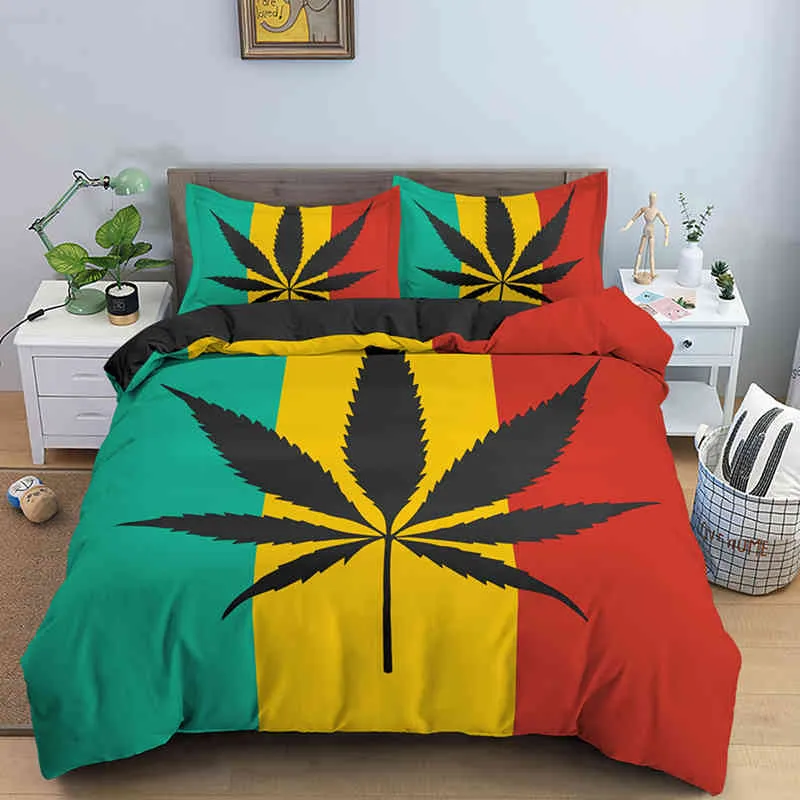 Juego de cama psicodélico con hojas de marihuana, funda de edredón de marihuana individual doble tamaño Queen King con funda de almohada, edredón de 2/3 Uds.