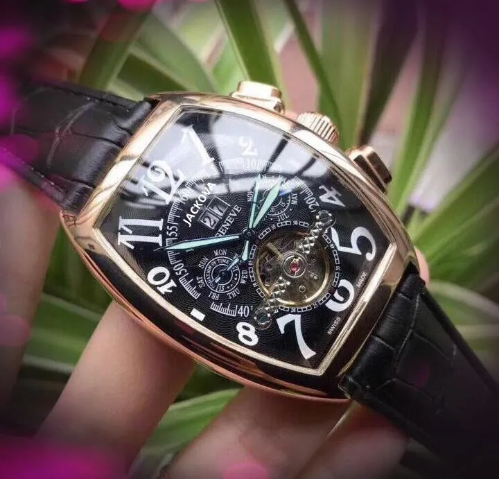 Ginevra cinturino in pelle di lusso tourbillon meccanico orologio da uomo 45mm giorno data scheletro automatico orologi da uomo regali Exquisi235g di alta qualità