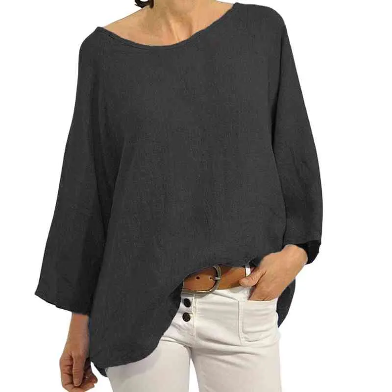 Kvinnor Casual Solid Color Cotton Blend Round Neck Three Quarter Sleeve Shirt Top Casual Loose Cotton Linen Blend Pullover Blue L220705