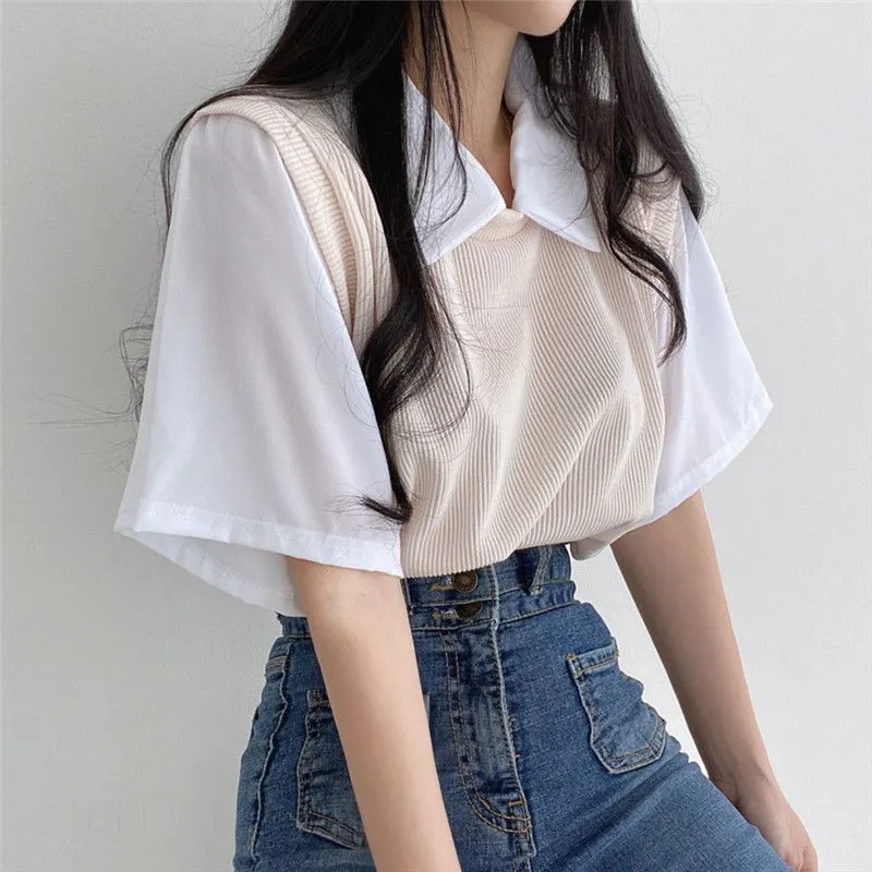 Yasuk Summer Fashion Woman Casual t -shirts pullover vrouwen slanke losse tees top nep tweedelig pak allmatch schattige student zachtjes 220527