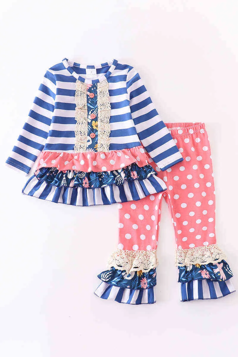 Girlymax, осенне-зимний комбинезон в полоску для маленьких девочек, штаны для малышей, хлопковый комплект с оборками, эксклюзивная одежда для сестры, детская одежда